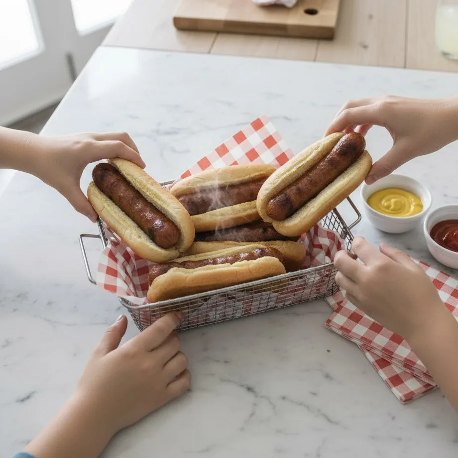 Family serving hot dogs in air fryer with toppings on the table