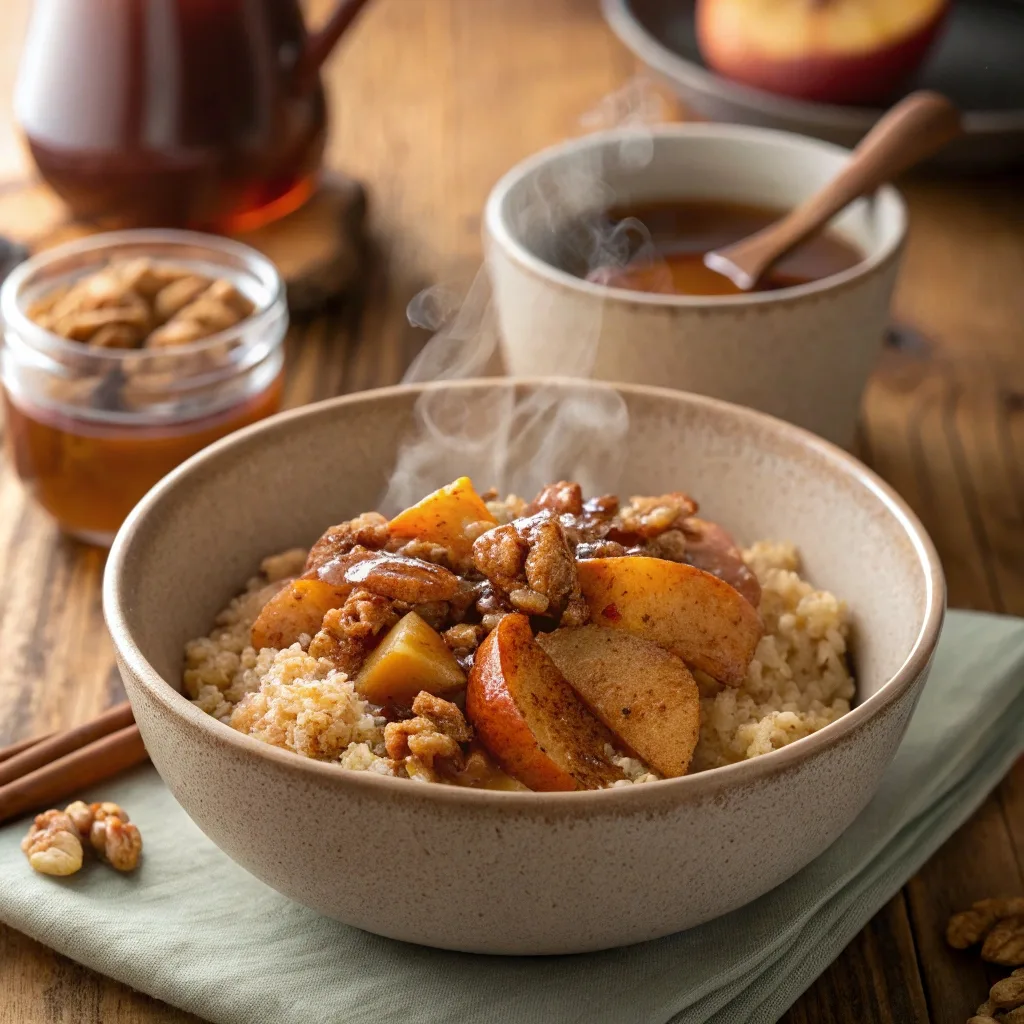Apple cinnamon quinoa bowl topped with caramelized apples and walnuts.