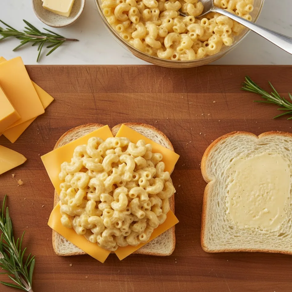 Layering cheese and mac and cheese between bread slices before grilling.