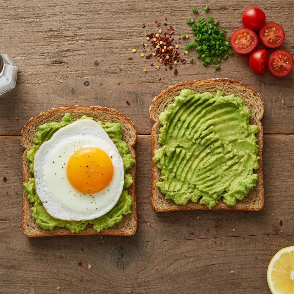 Spreading mashed avocado and topping with eggs to assemble avocado toast.