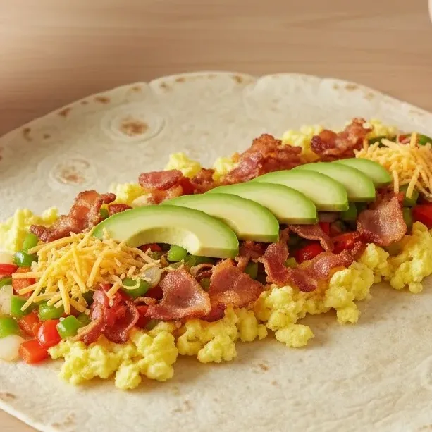 Layering scrambled eggs, turkey bacon, cheese and vegetables on a tortilla.