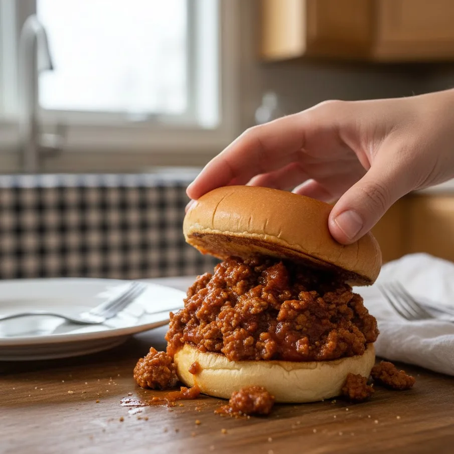 Assembling sloppy joe sandwiches on toasted buns.