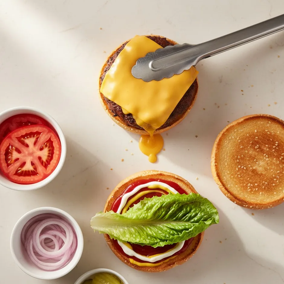 Assembling a bison cheeseburger with lettuce, patty, tomato, onion, and pickles.