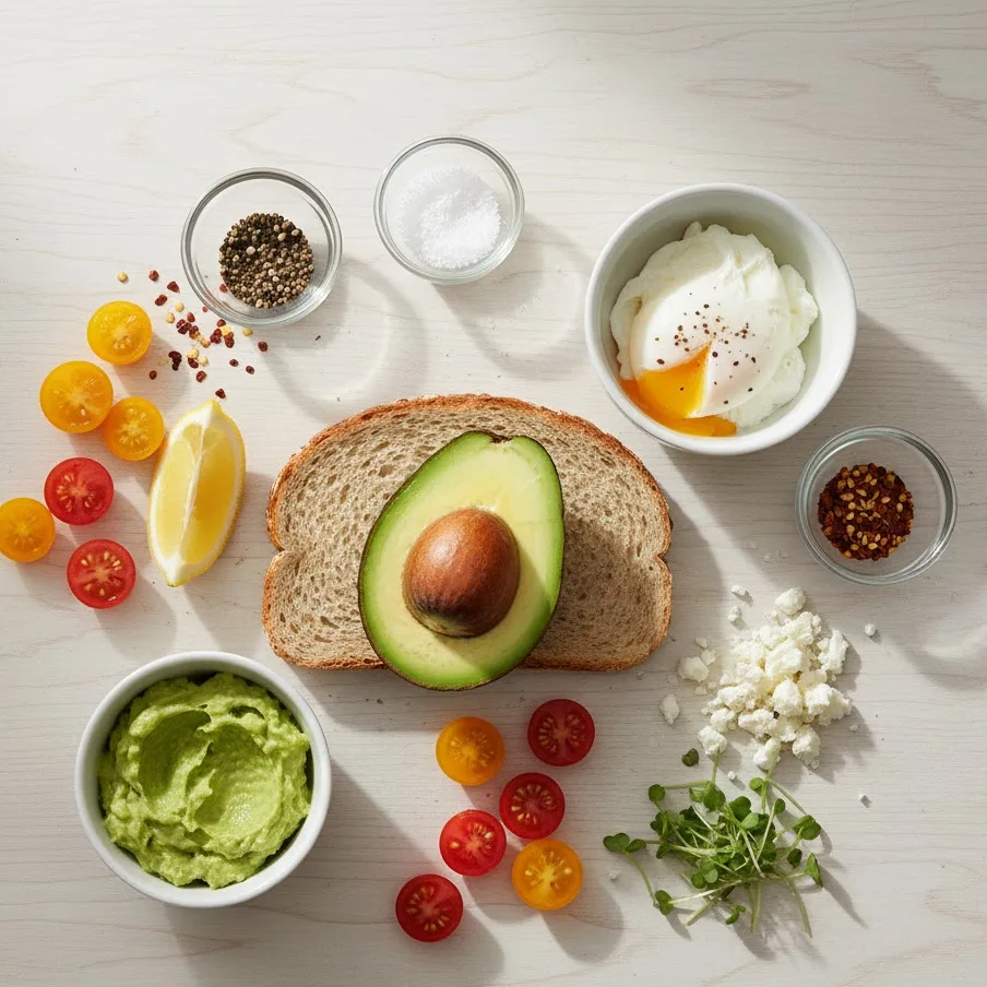 Avocado toast ingredients arranged on a white surface showing avocado, bread, and toppings.
