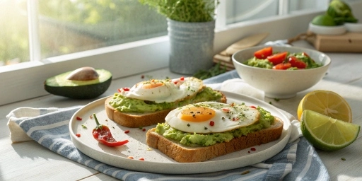 Avocado toast with egg topped with herbs and cherry tomatoes on a white plate.