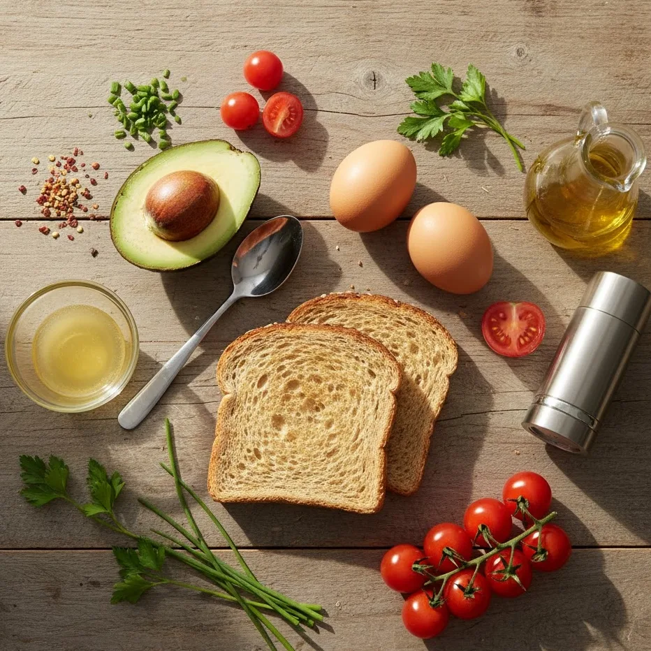 Avocado toast with egg ingredients arranged on a wooden table for breakfast recipe.