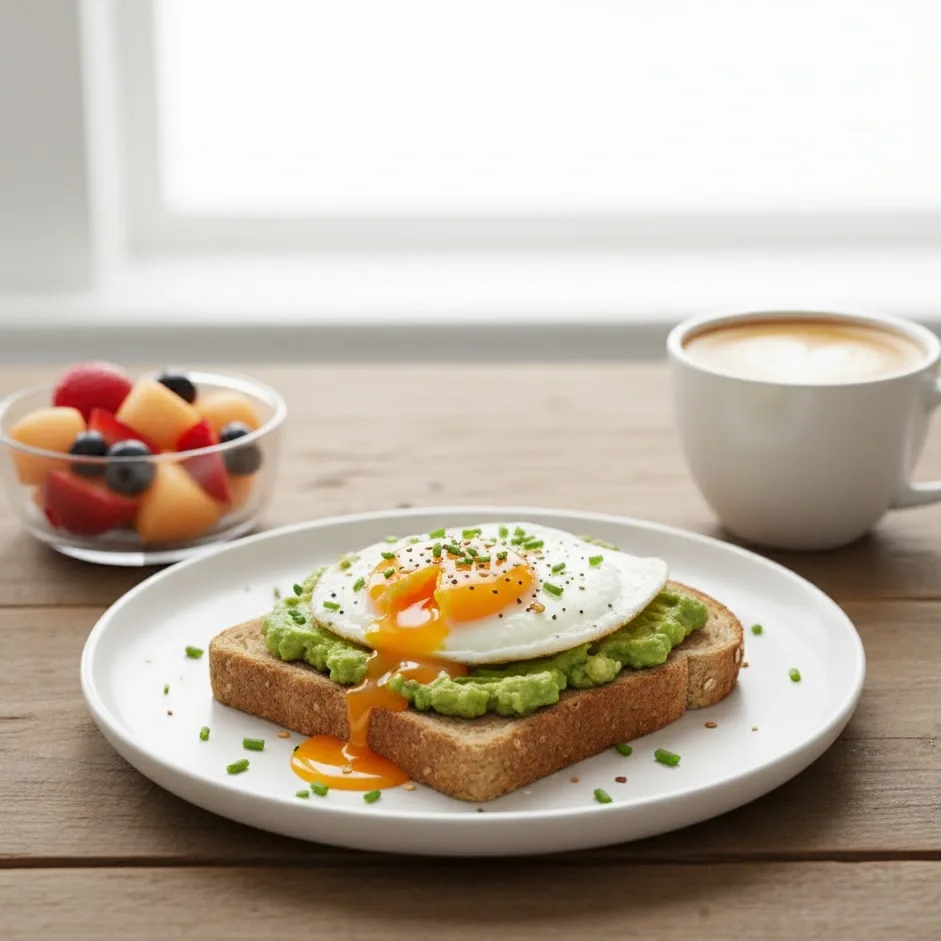 Served avocado toast with egg, fruit salad, and coffee for a healthy breakfast.