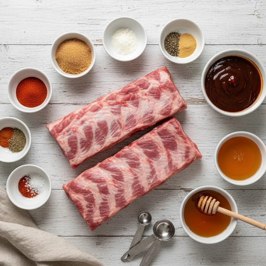 Ingredients for bbq ribs in the oven recipe arranged on wooden surface