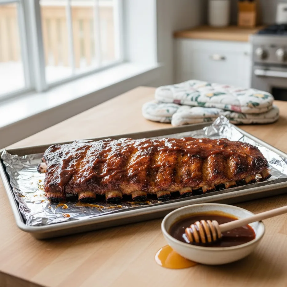 Rack of bbq ribs in the oven coated with homemade sauce on foil tray