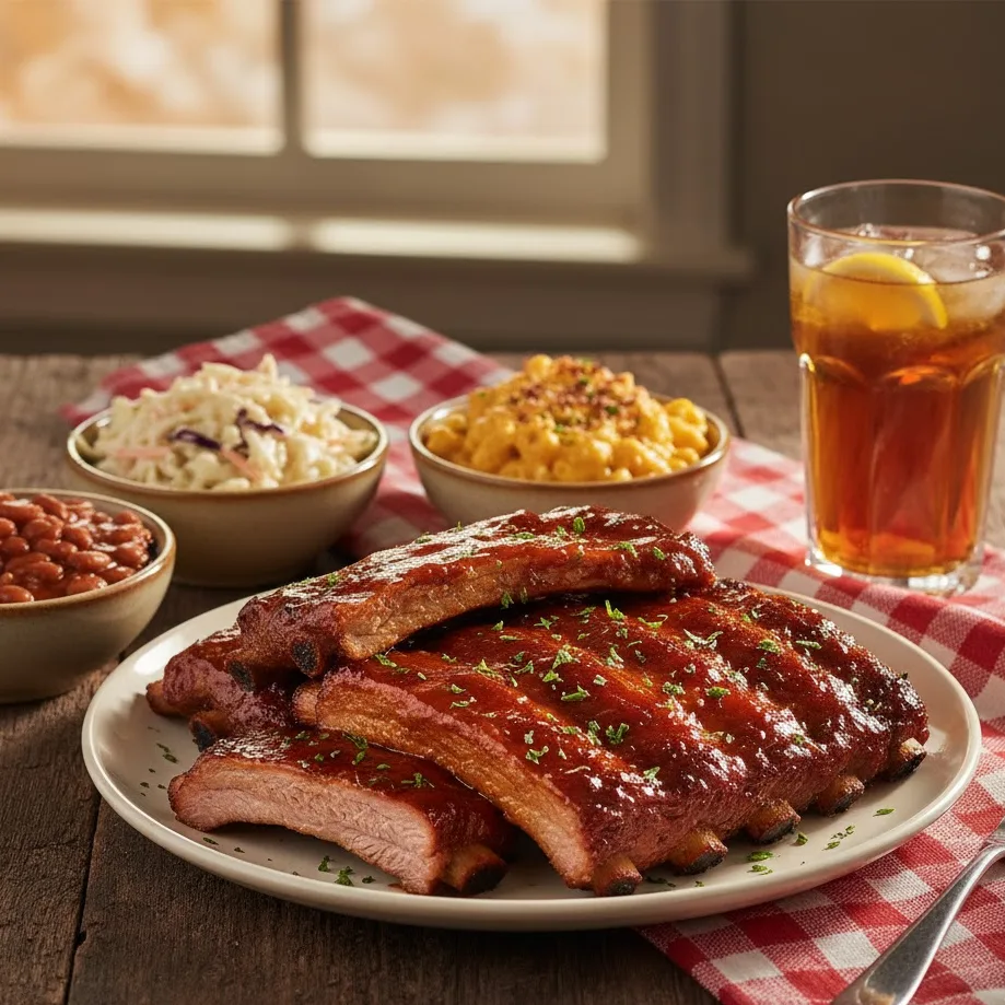 Plate of bbq ribs in the oven served with classic sides