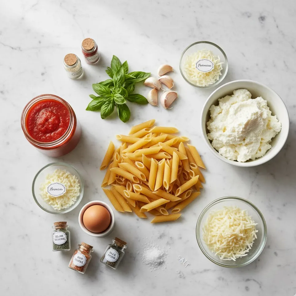 Ingredients for baked ziti recipe no meat including ziti pasta, cheese, and marinara.