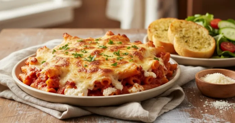Baked ziti recipe no meat with melted cheese and marinara sauce served on a white plate.
