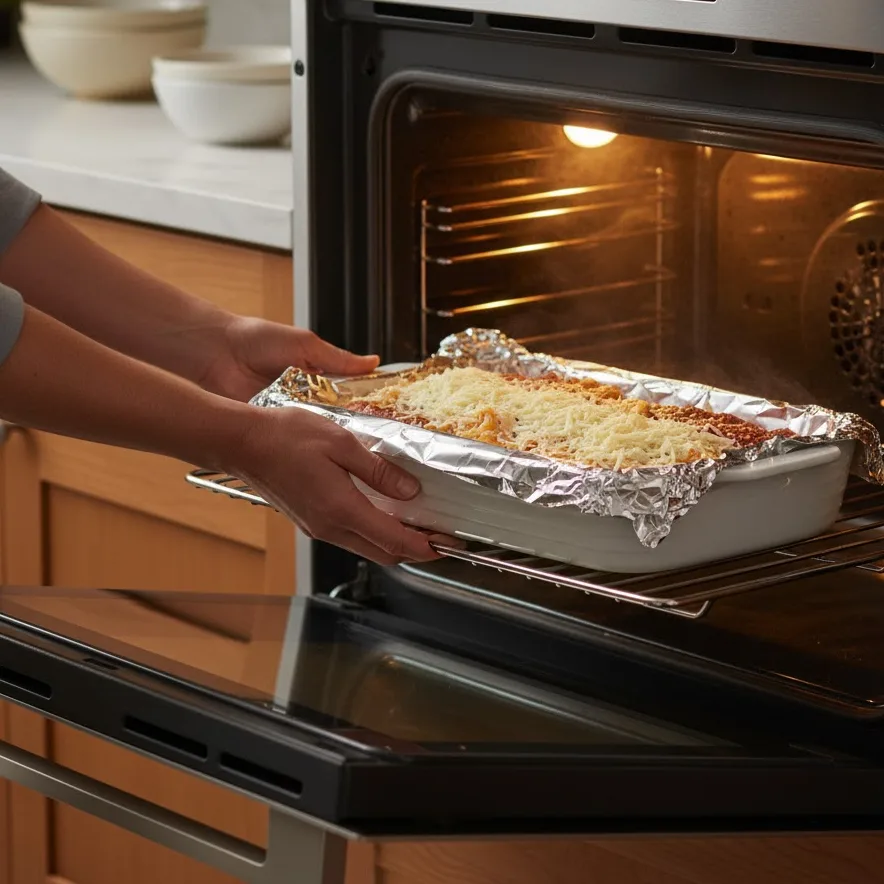 Baked ziti recipe no meat covered with foil baking in oven.