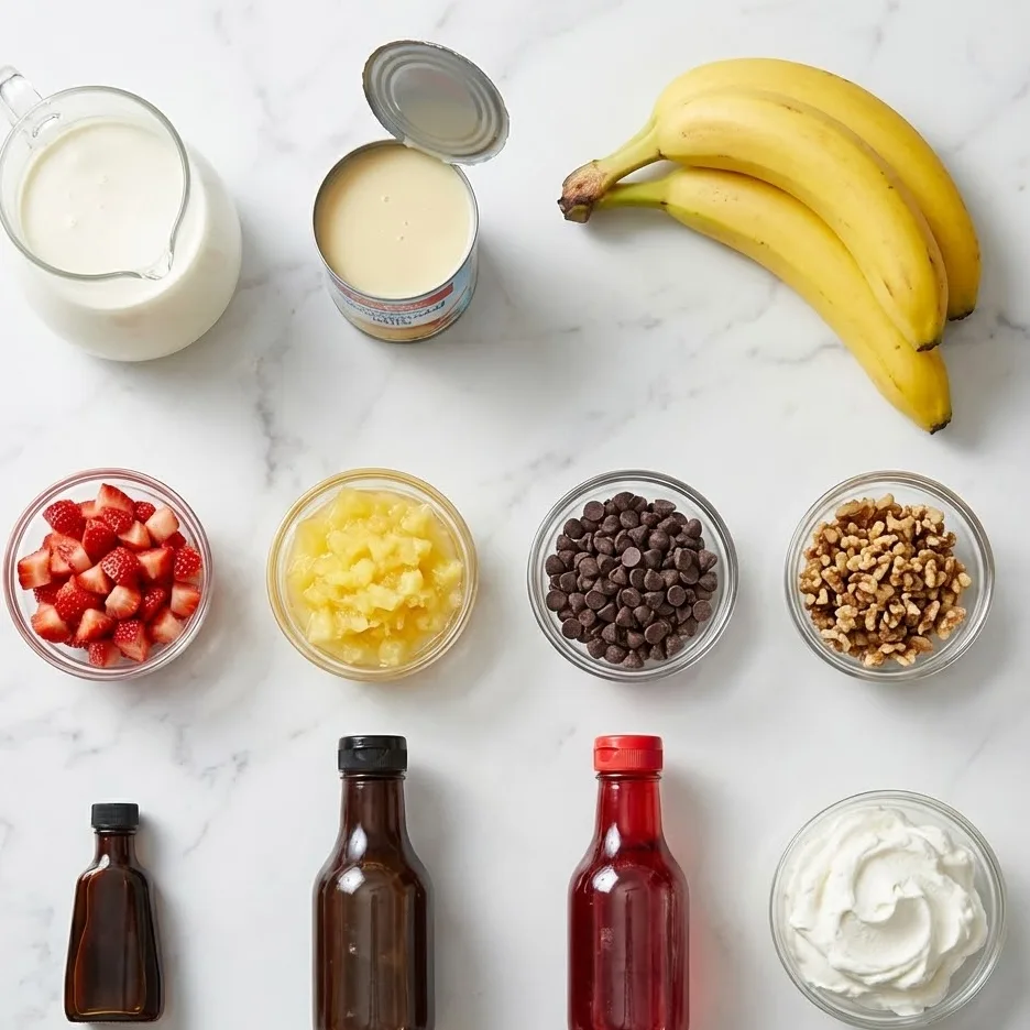 Banana split ice cream ingredients laid out on a white surface