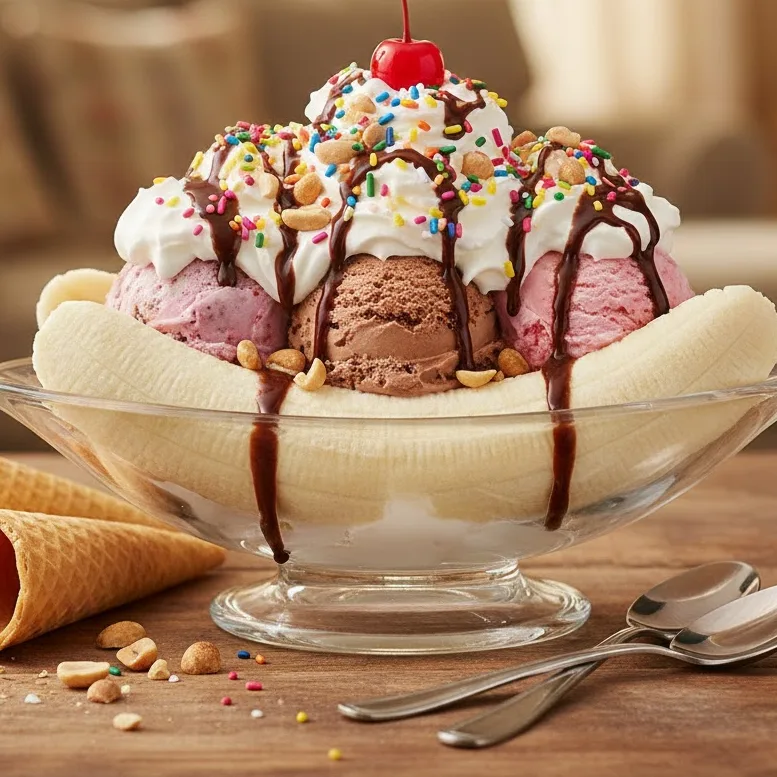Banana split ice cream served with bananas, syrup and cherry
