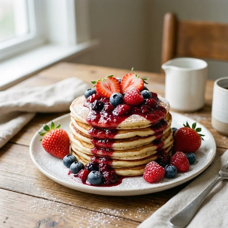 Pancakes topped with warm berry compote and fresh berries.