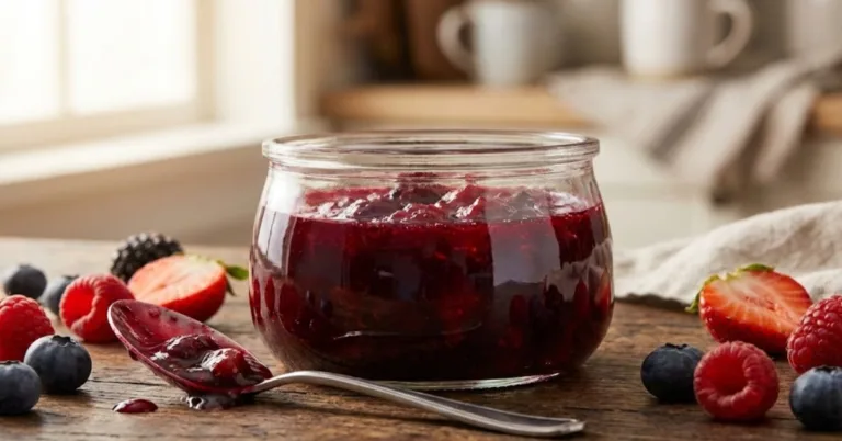 Homemade berry compote in a glass jar with fresh berries scattered around on a rustic table.