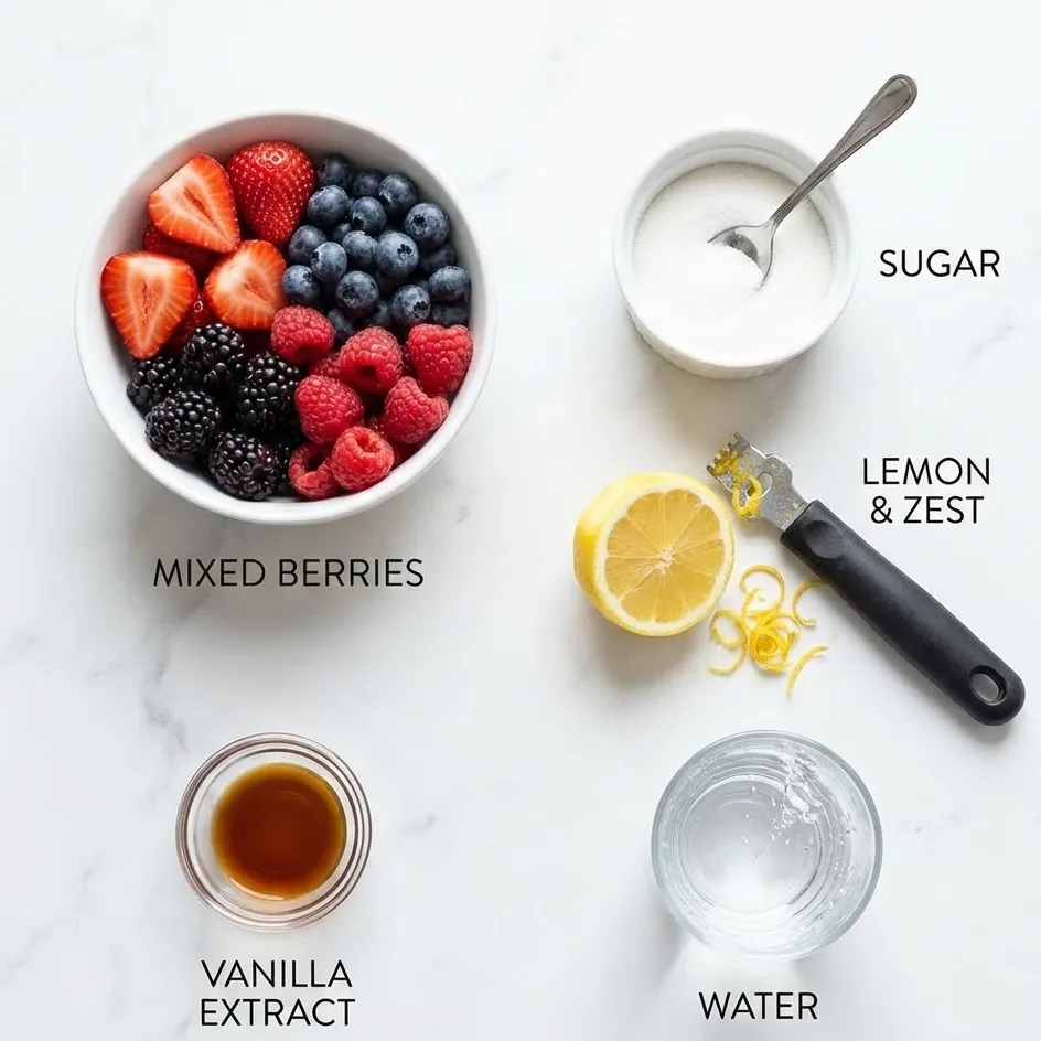 Mixed berries, sugar, lemon, vanilla, and water arranged for berry compote recipe.