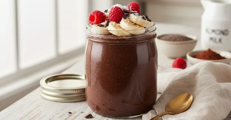 Creamy chocolate chia seed pudding in a glass jar topped with berries, banana, and coconut.