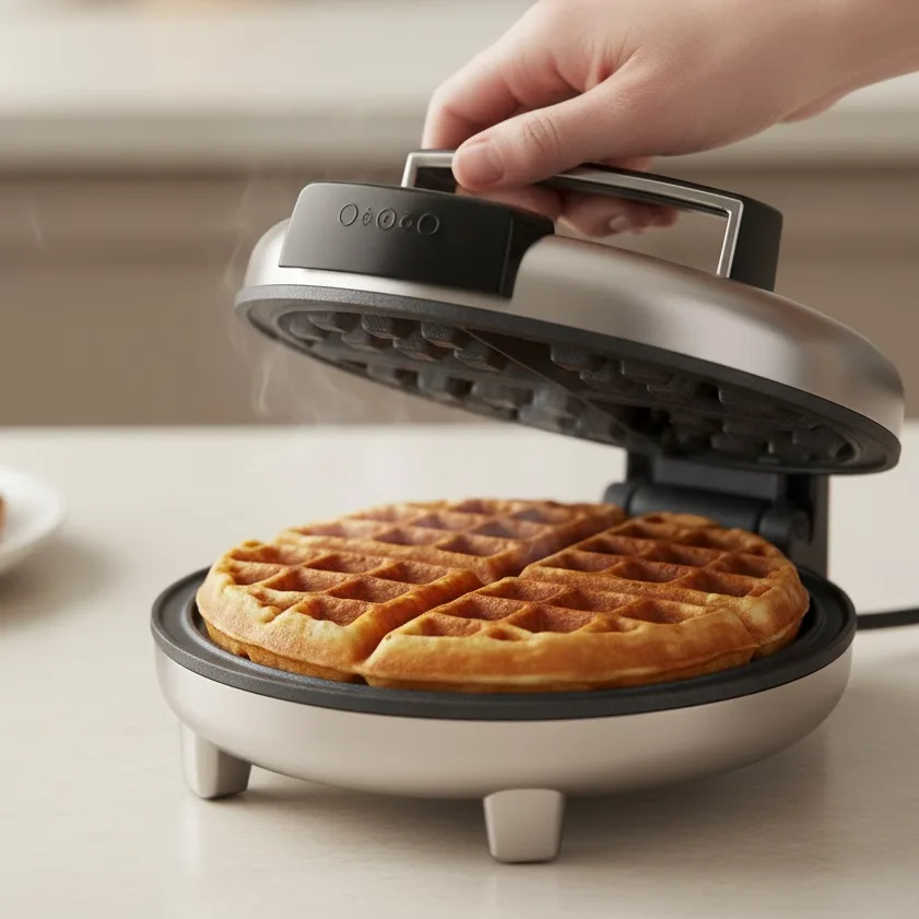 Pouring protein waffle batter into a hot waffle iron to cook.