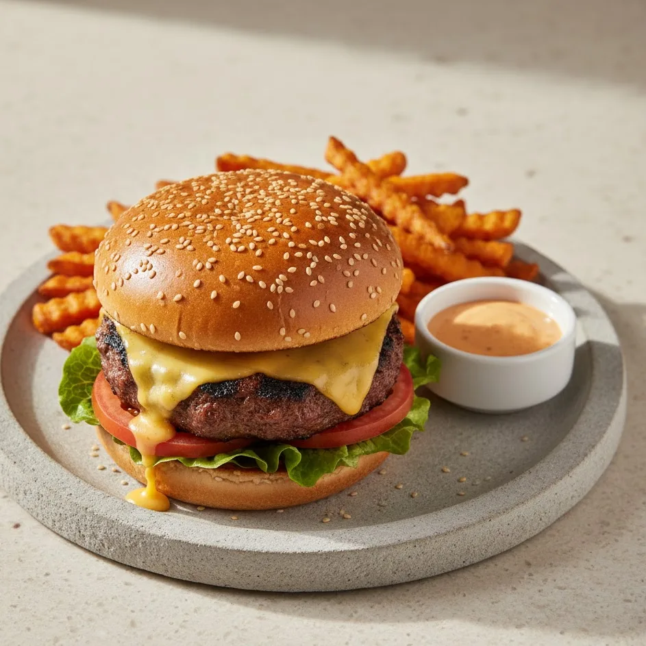 Bison cheeseburger plated with fries, showcasing the finished burger in this bison cheeseburger recipe.