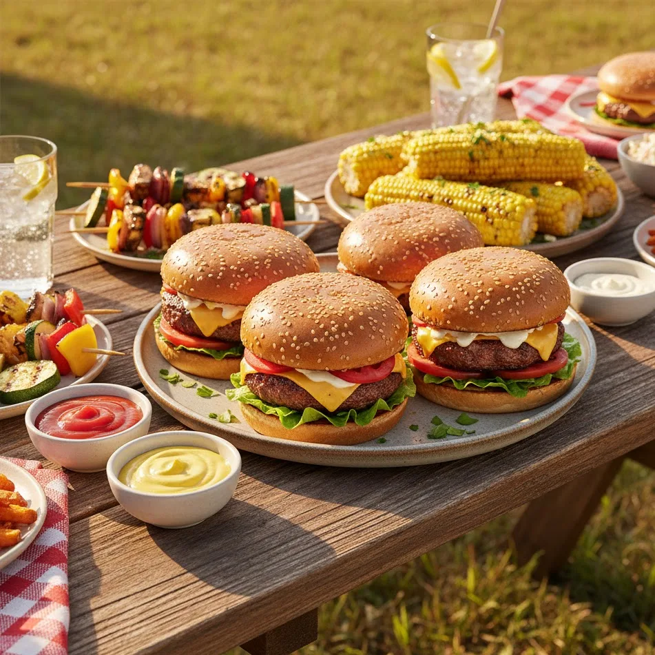 Platter of bison cheeseburgers served with barbecue sides in this bison cheeseburger recipe.