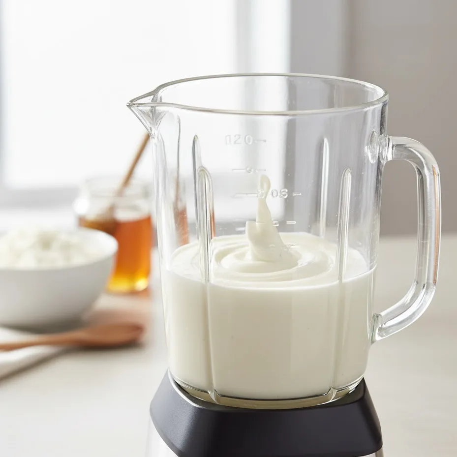 Cottage cheese blending in a high-speed blender for mousse base.