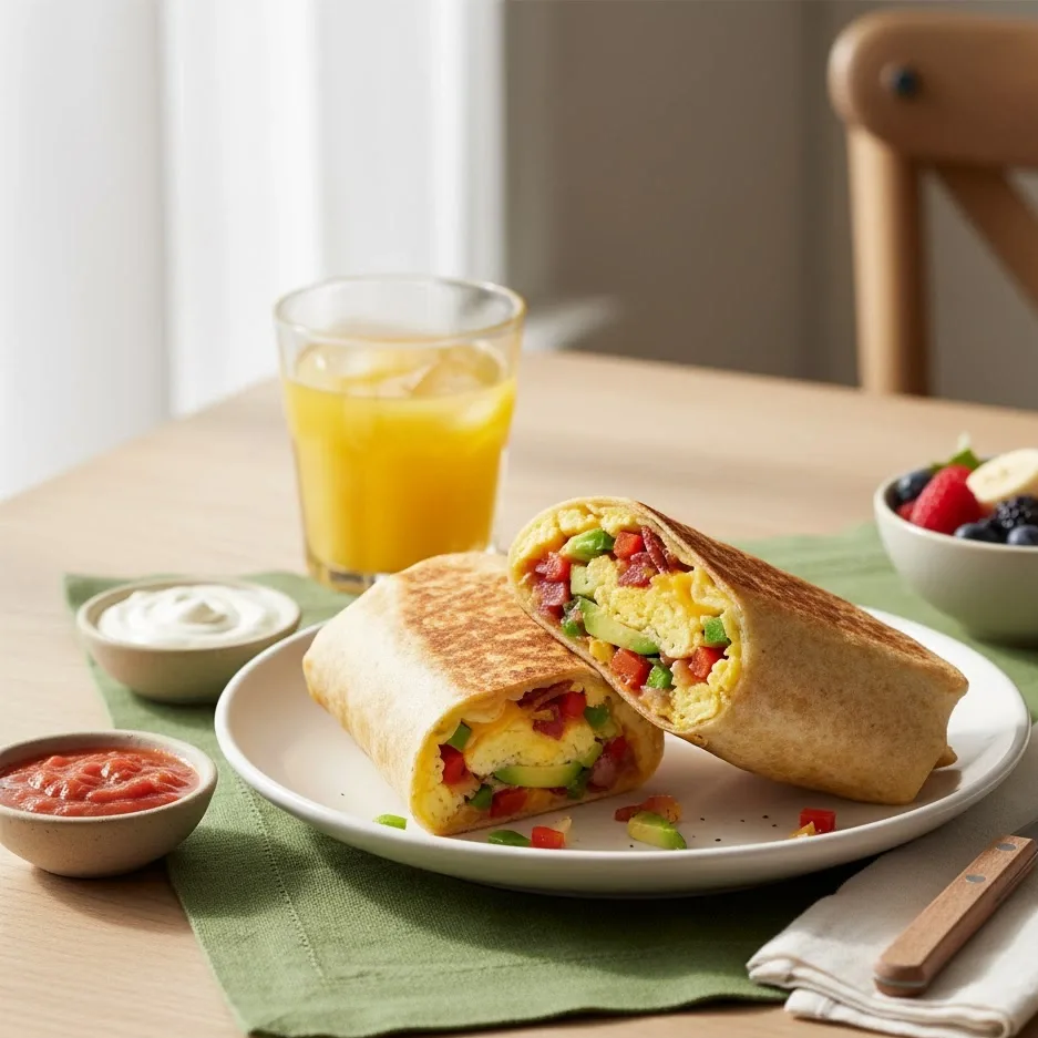 Two golden breakfast burritos with salsa, sour cream, and orange juice.