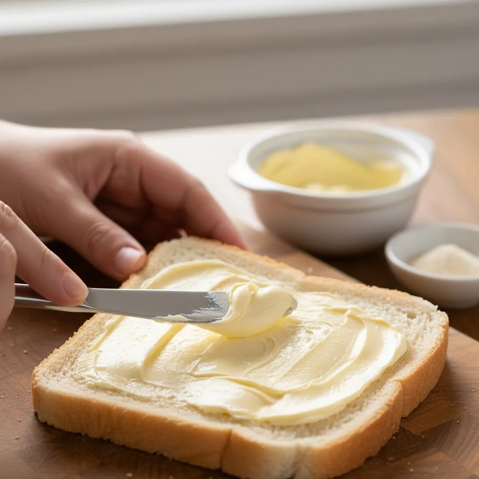 Hands spreading butter on bread for grilled mac and cheese sandwich.