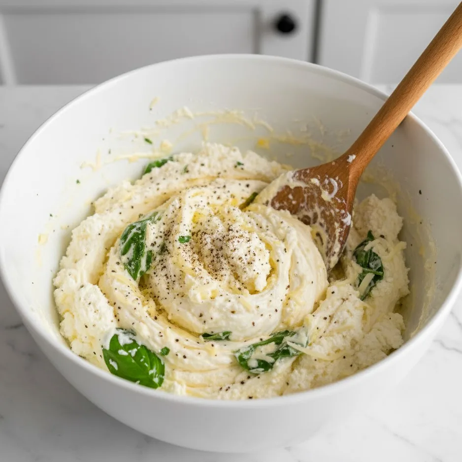Ricotta, mozzarella, Parmesan, and herbs mixed for baked ziti recipe no meat.