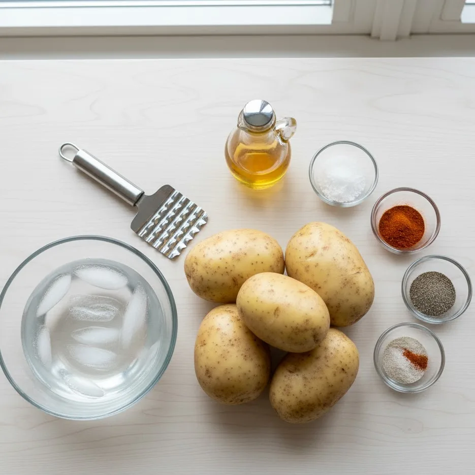 Ingredients for Chick fil A waffle fries recipe arranged neatly on a kitchen counter.