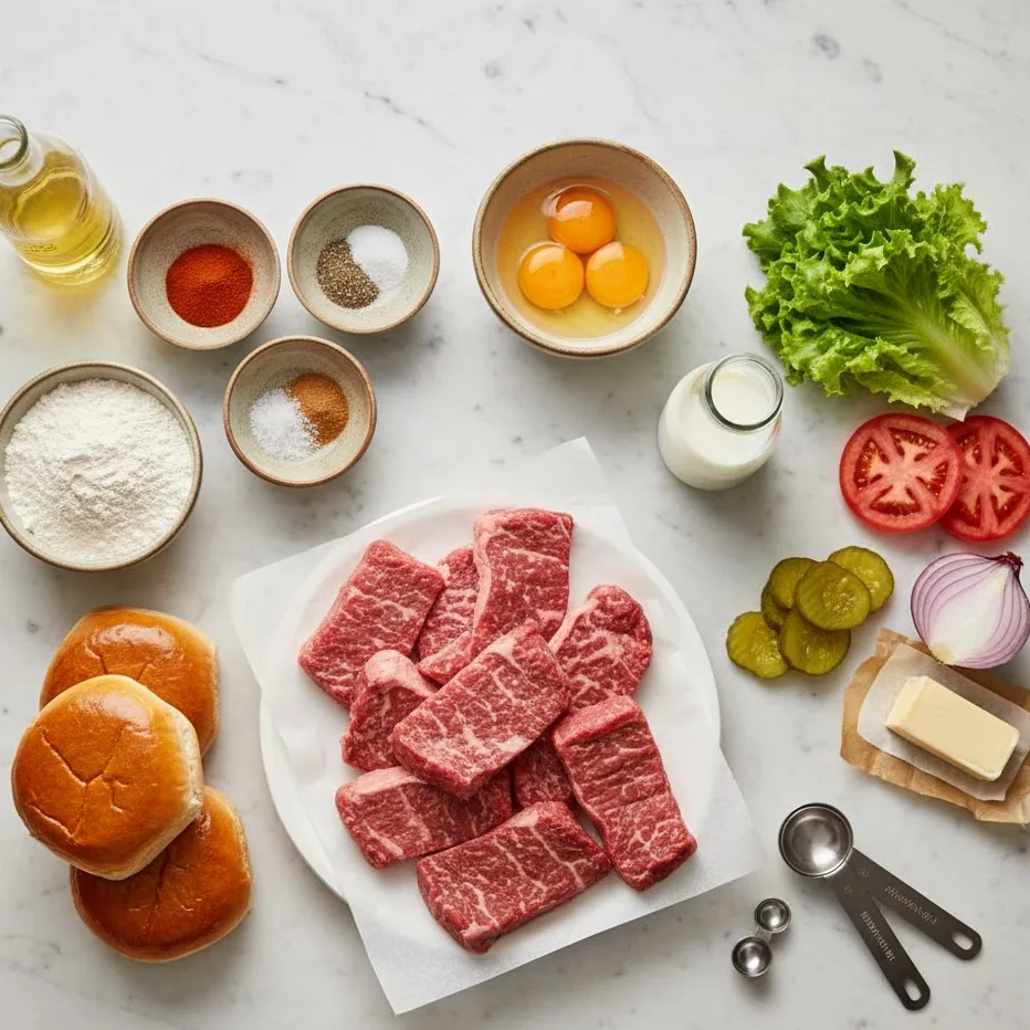 Chicken fried steak sandwich ingredients arranged on a kitchen counter