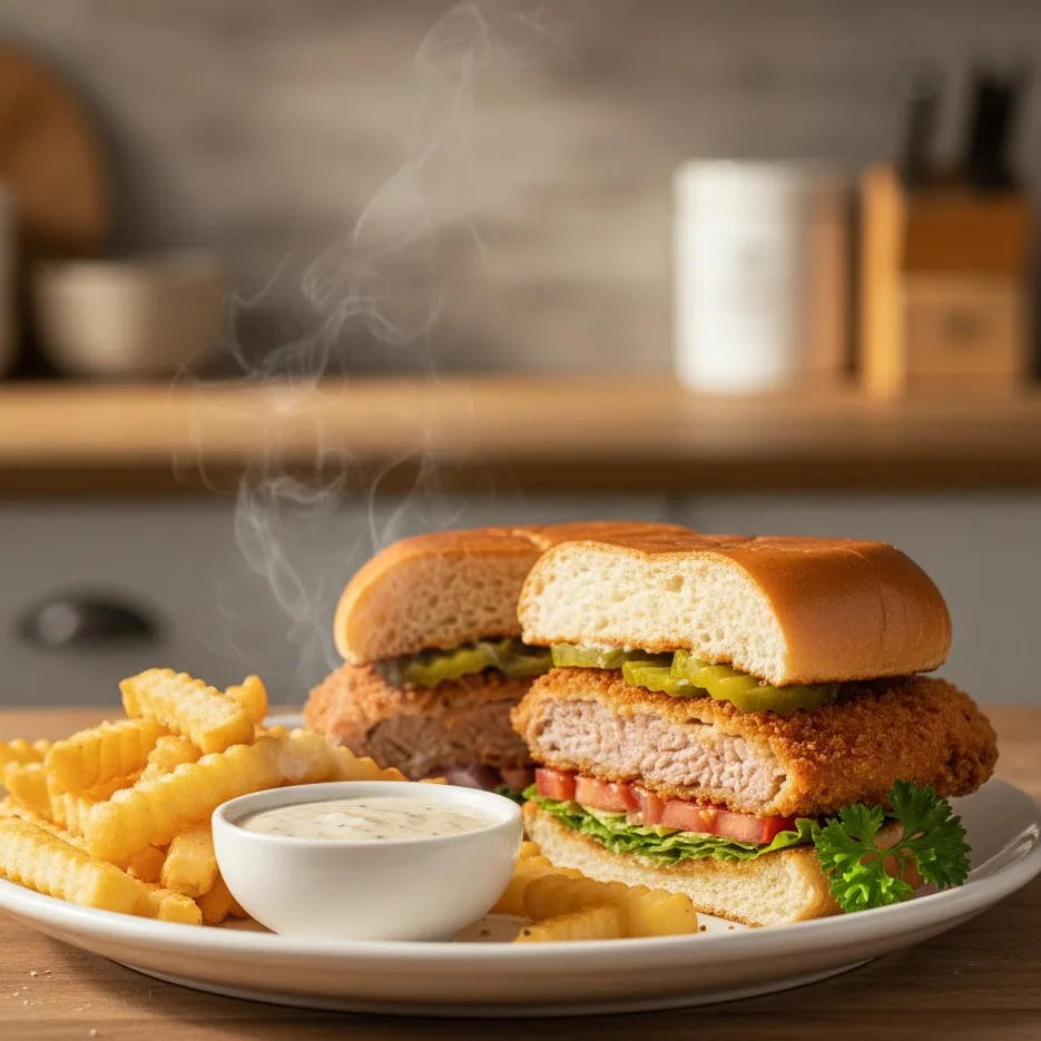 Chicken fried steak sandwich meal with fries and gravy for dipping