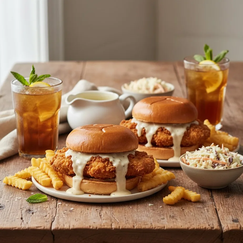Chicken fried steak sandwiches served with fries, coleslaw, and iced tea