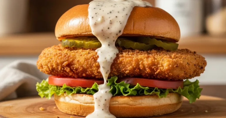 Crispy chicken fried steak sandwich with gravy, lettuce, and tomato on a brioche bun