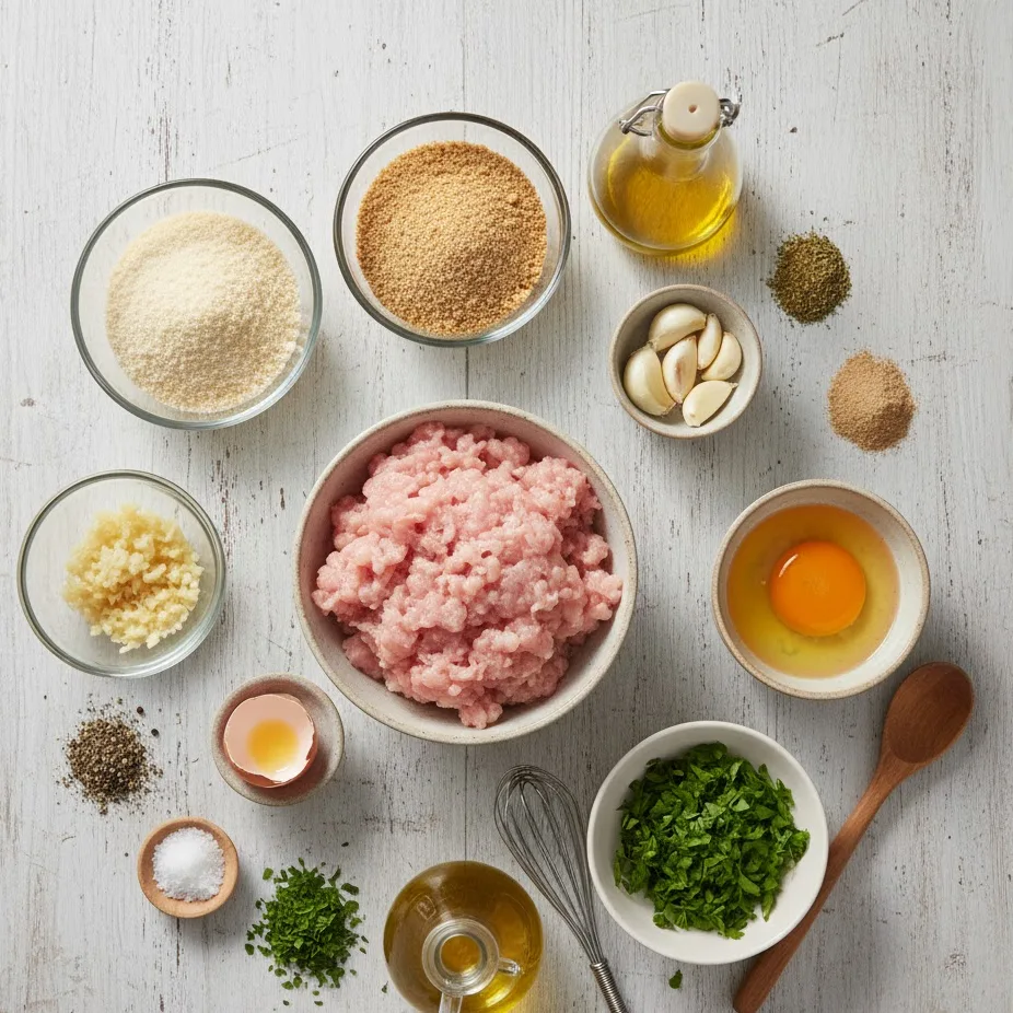 Ingredients for chicken meatball recipe arranged on a wooden table