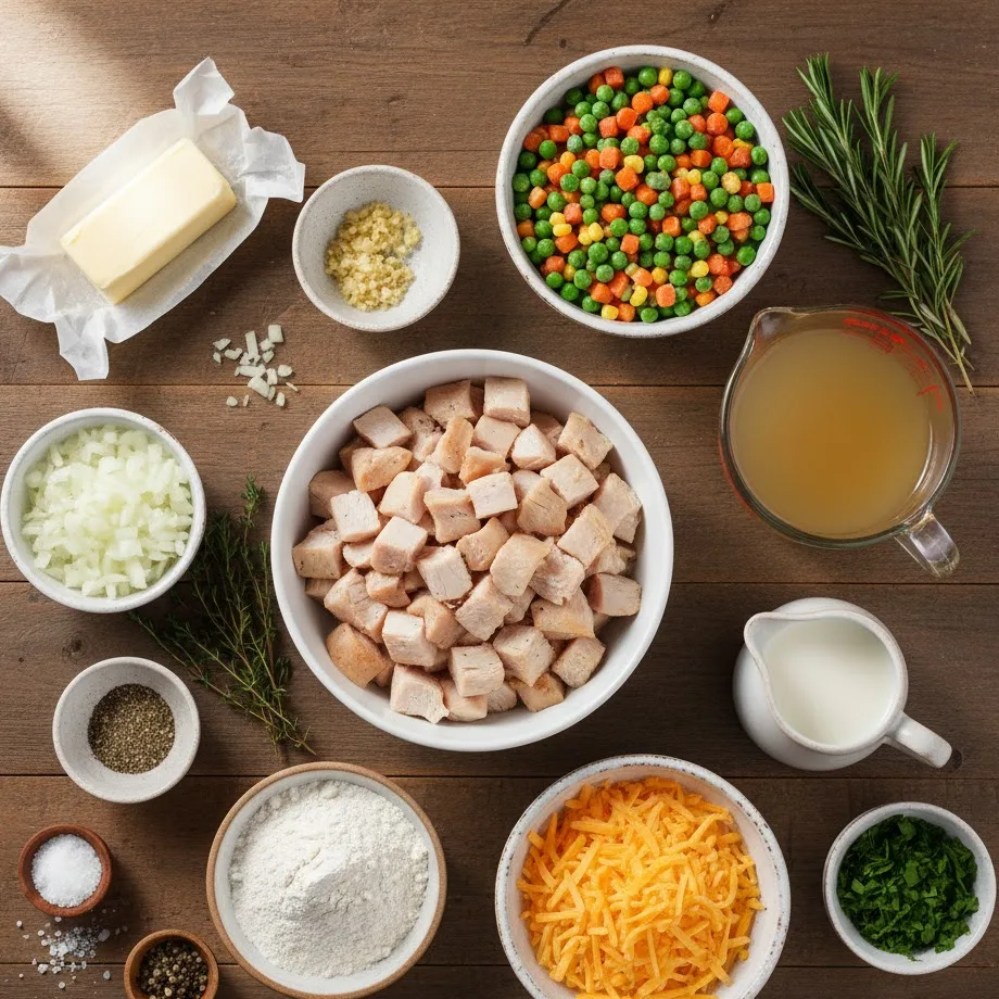 Ingredients for chicken pot pie casserole arranged on wooden surface.