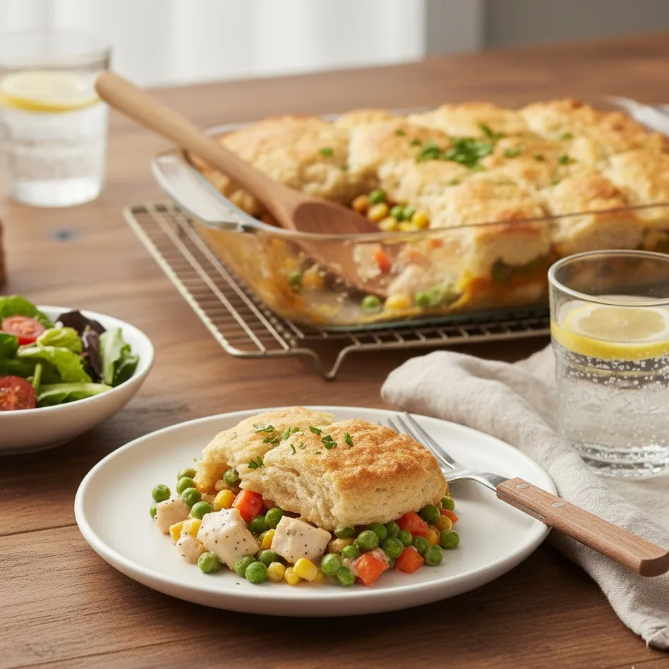 Plated chicken pot pie casserole with salad and bread on dinner table.