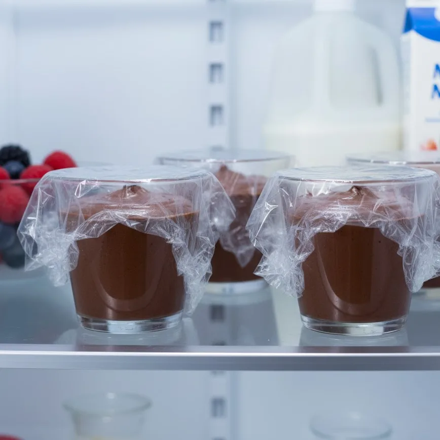 Cups of cottage cheese chocolate mousse being chilled in refrigerator.