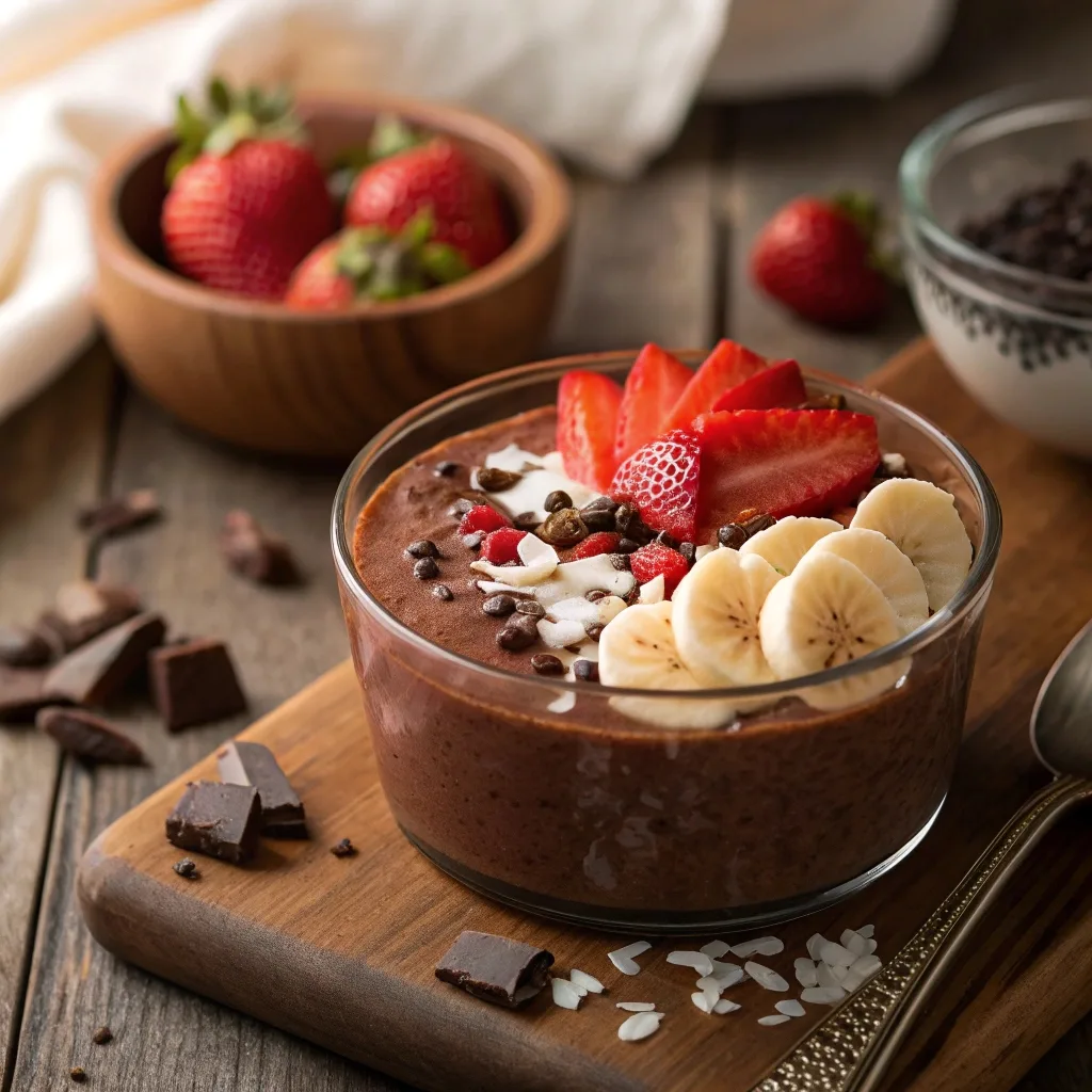 Chocolate chia pudding bowl with fruit, coconut, and chocolate chips.