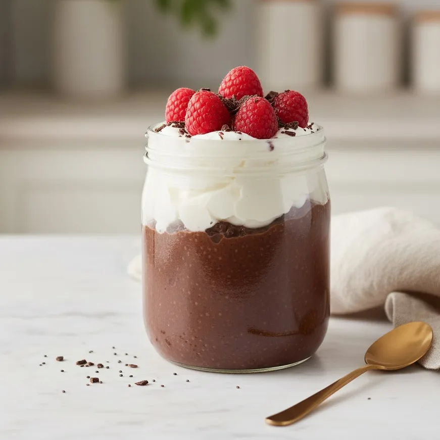 Glass jar of chocolate chia seed pudding layered with coconut cream and berries.