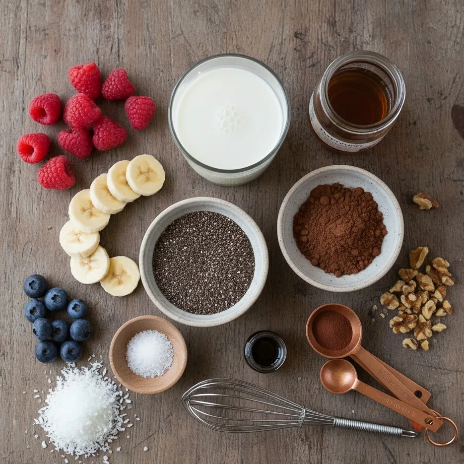 Flat lay of chia seeds, cocoa powder, almond milk, and maple syrup for chocolate chia pudding.