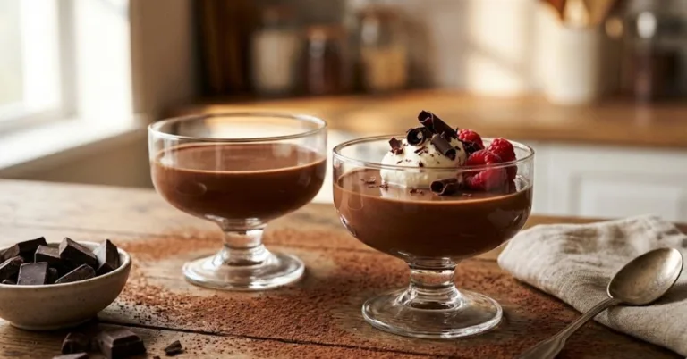 Chocolate panna cotta served in glass cups with whipped cream and berries.
