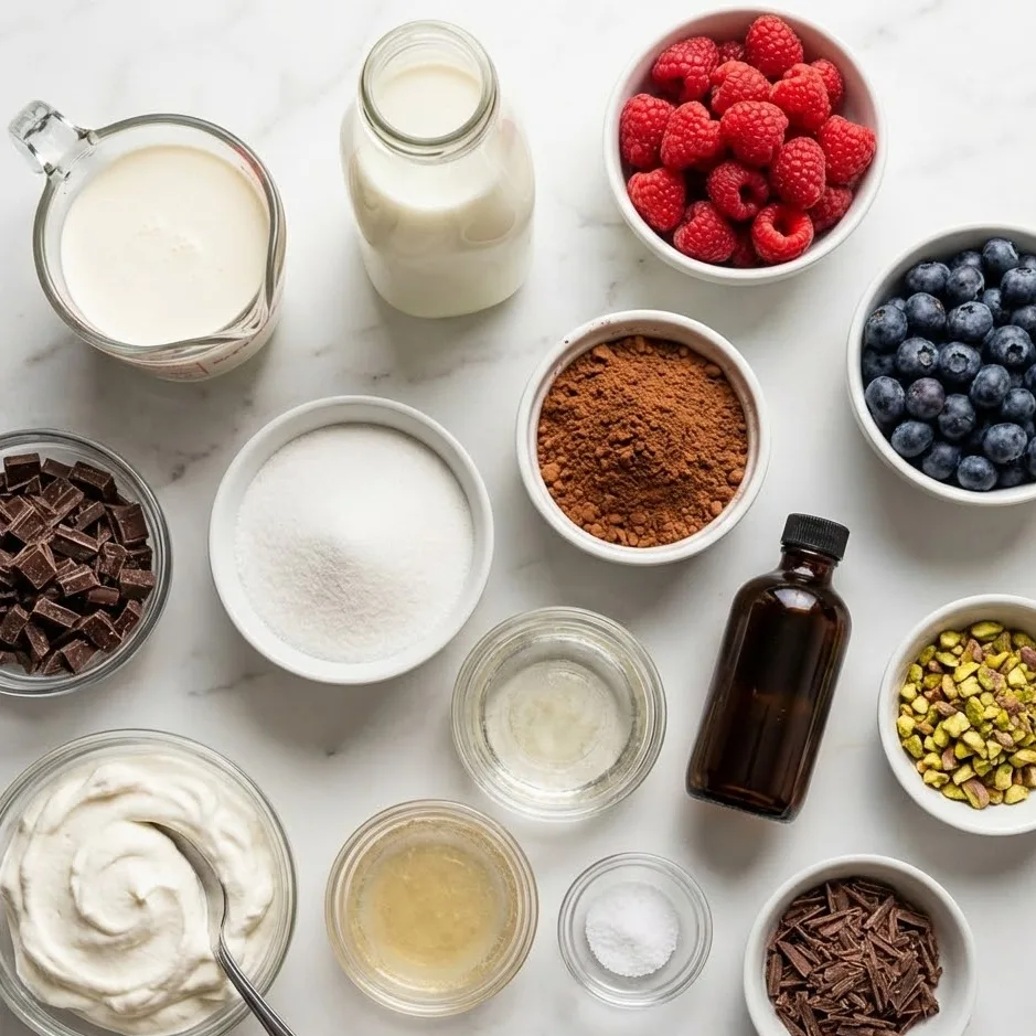 Chocolate panna cotta ingredients laid out neatly on a marble countertop.