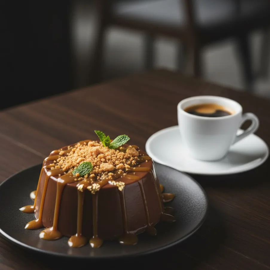 Chocolate panna cotta served with espresso and caramel drizzle.