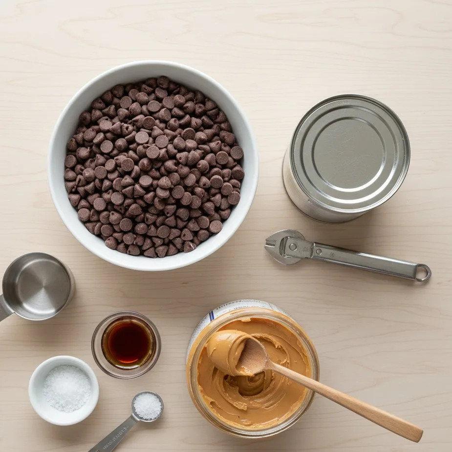 Flat lay of ingredients for chocolate peanut butter fudge including chocolate chips and peanut butter.