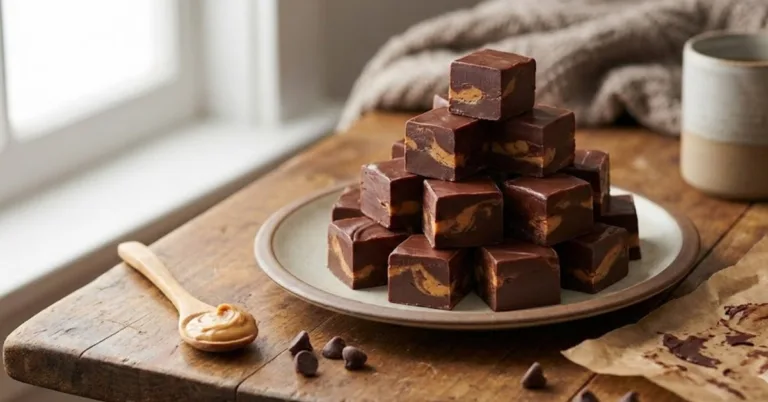 Stacked chocolate peanut butter fudge squares on parchment paper, showing smooth, rich texture.
