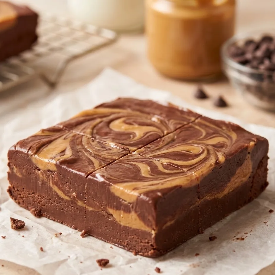 Close-up chocolate peanut butter fudge square with smooth, glossy texture.