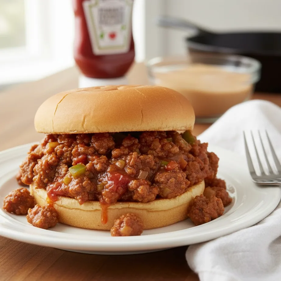 Close-up of easy sloppy joe sandwich filled with saucy ground beef mixture.
