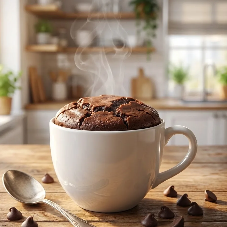 Close-up of a freshly cooked chocolate mug brownie showing its soft, fudgy texture.